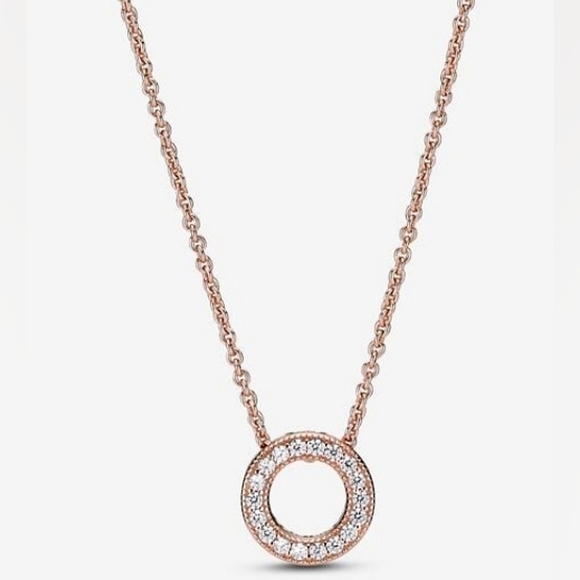 Authentic NEW Pandora Logo Pavé Circle Collier Necklace 14K RGP CZ - Picture 10 of 11